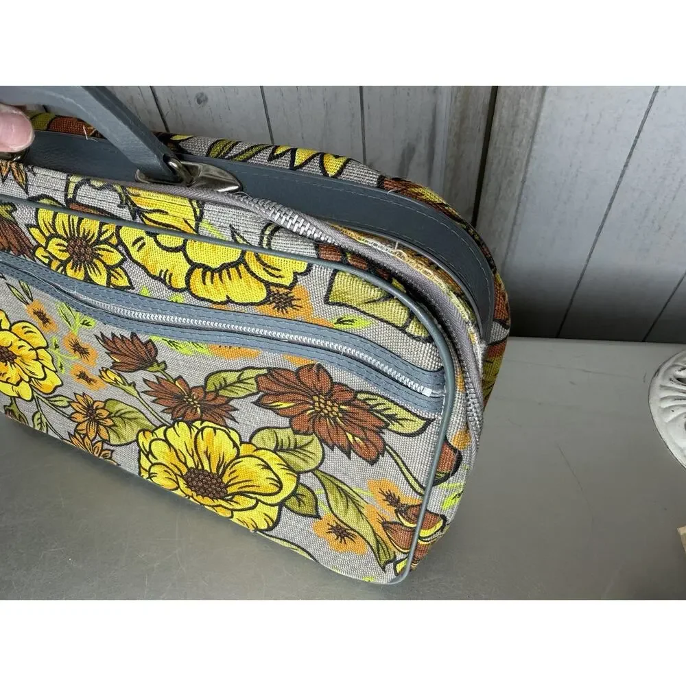 Vintage BANTAM TRAVEL 1960’s Fabric Canvas Yellow Gray Floral Suitcase Retro